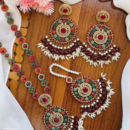 Long Brown Shape Mala Set with Earrings (Traditional Indian/Pakistani Bridal Jewelry Set)