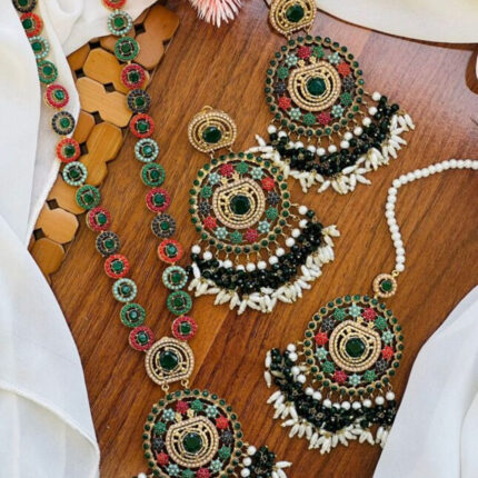 Long Green Shape Mala Set with Earrings (Traditional Indian/Pakistani Bridal Jewelry Set)