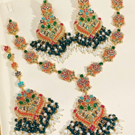 Green Color Mala Set with Earrings (Traditional Indian/Pakistani Bridal Jewelry Set)