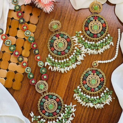 Long Sea Green Shape Mala Set with Earrings (Traditional Indian/Pakistani Bridal Jewelry Set)