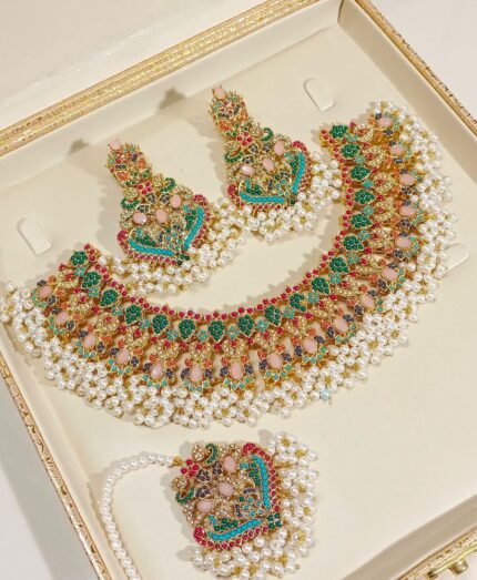Stunning Indian Pakistani Green Light Bridal Necklace Set with Earrings & Bindi