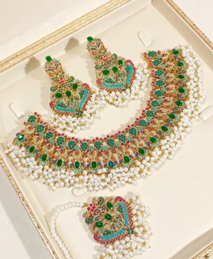 Stunning Indian Pakistani Green-Sea Green Bridal Necklace Set with Earrings & Bindi