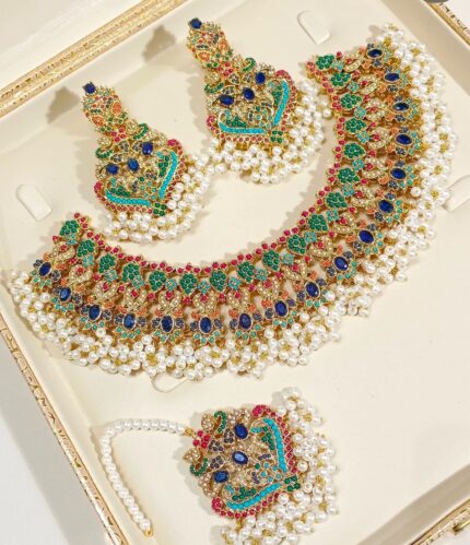 Stunning Indian Pakistani Green-Blue Bridal Necklace Set with Earrings & Bindi