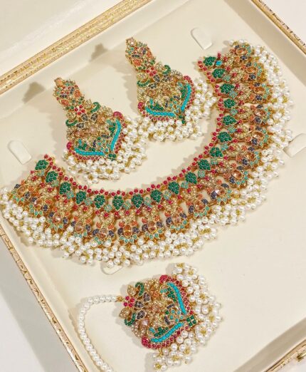 Stunning Indian Pakistani Green-Dark Beige Bridal Necklace Set with Earrings & Bindi