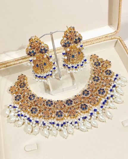 Elegant Dark Blue & Gold Necklace with Jhumki Set