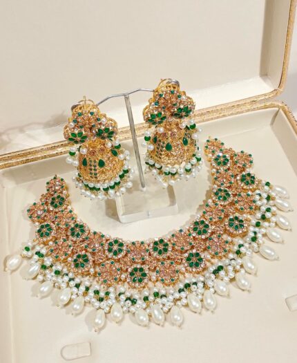 Elegant Green & Gold Necklace with Jhumki Set