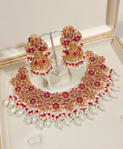 Elegant Red-Gold Necklace with Jhumki Set