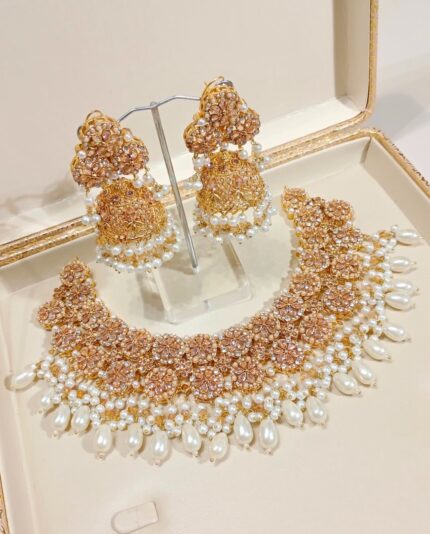 Elegant White & Gold Necklace with Jhumki Set