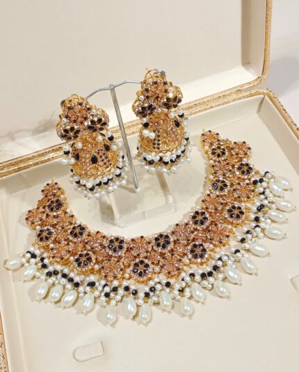 Elegant Black-Gold Necklace with Jhumki Set