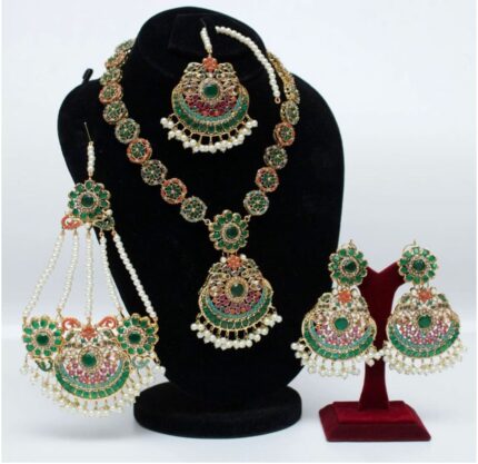 Long Green Shade Mala Set with Earrings (Traditional Indian/Pakistani Bridal Jewelry Set)