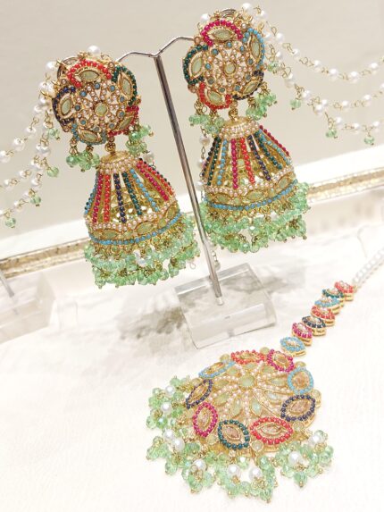 Multi Colors with Sea Green Shade Jhumki Bindhi (Handmade Indian/Pakistani Traditional Forehead Adornment)